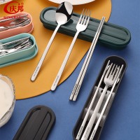 316L不銹鋼筷子 勺叉全鋼三件套創(chuàng)意學(xué)生一人食盒裝 便攜餐具套裝