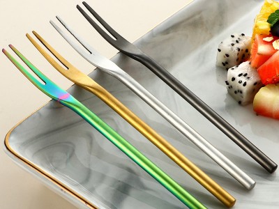 創(chuàng)意日式304不銹鋼砂光實(shí)心水果叉長(zhǎng)柄圓柄月餅甜品蛋糕2齒水果簽