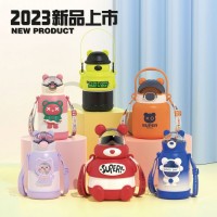 新款高顏值便攜兒童保溫杯卡通保溫壺學(xué)生背帶316不銹鋼吸管水杯