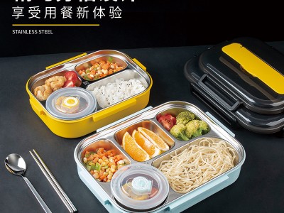 廠家直銷304不銹鋼飯盒 學(xué)生加厚分格餐盤便當(dāng)盒 帶湯碗保溫餐盒